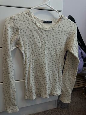 Brandy Melville Cream Waffle Top with Green Floral Motif